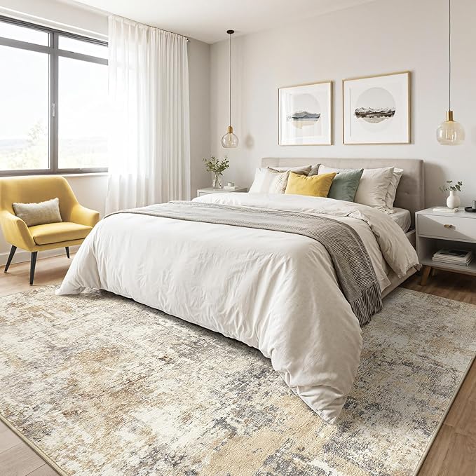8x10 Area Rugs Living Room: Washable Large Abstract Neutral Modern Soft Rug Stain Resistant Indoor Floor Non-Slip Accent Carpet for Bedroom Nursery Playroom Dining Room Office Dorm Home- Grey Gold