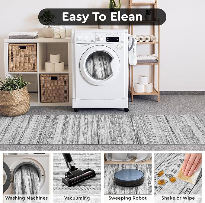 2x10 Runner Rug Machine Washable Non Slip Area Rug Distressed Neutral Moroccan Boho Rug Ultra Soft Floor Runners for Hallways for Entryway Laundry Room Kitchen, Black