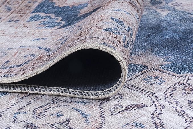 GLN Rugs Traditional Collection - Machine Washable Area Rug, Traditional Washable, Non Slip, Low Pile Chenille Rug, Living Room, Bedroom, Kitchen Rug (2' x 3' Cream/Navy)