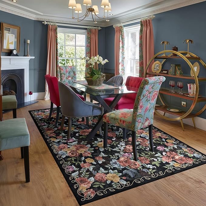5x8 Machine Washable Area Rug for Living Room, Black Vintage Boho Floral Rug Large Non-Slip Low Pile Soft Faux Wool Carpet, Kids and Pets Friendly for Bedroom Dining Room Farmhouse Home Decor Rug