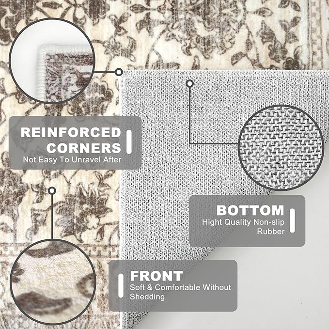 KILOCOCO Hallway Runner 2x7 Rug Runner Printed Vintage Floral Washable Kitchen Runners Non-Slip Rubber Backed Runners for Hallways Laundry Room Distressed Boho Rugs for Entryway Bedroom, Beige/Brown
