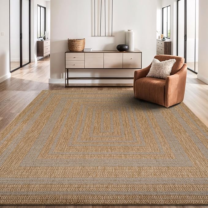 Beverly Rug Easy Jute Framed Border Rug 4x6 Washable Durable Indoor Outdoor Area Rugs for Living Dining Room Patio Office Stain Resistant Non Shedding Casual Indoor Outside Carpet 4 x 6 Natural