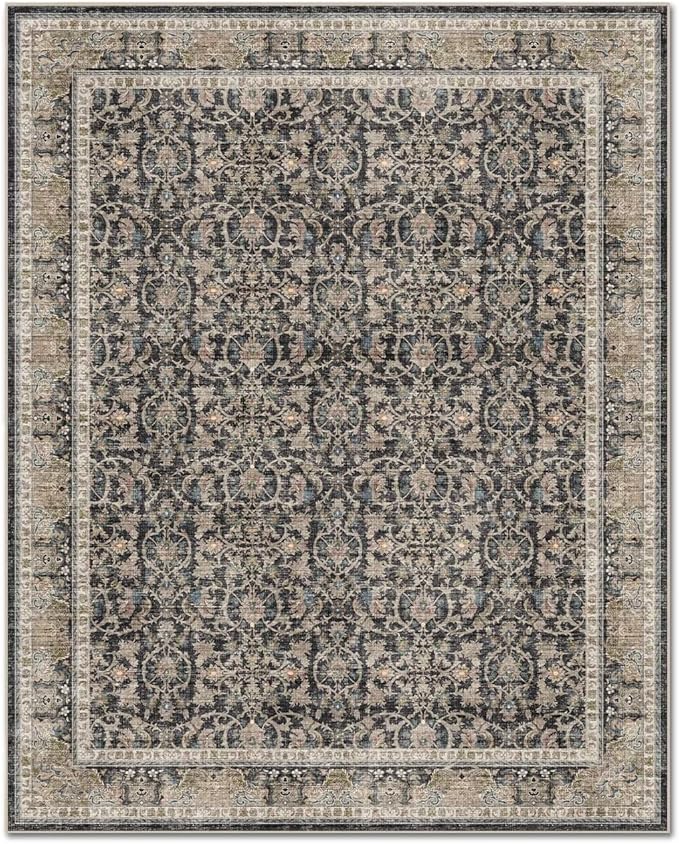 Washable 2x3 Entryway Rug, Boho Non-Slip Door Mat Vintage Distress Small Rugs for Kitchen Nursery Office Bedroom, 0.3" Neutral Oriental Throw Carpet with Cushioning Pad, Black/Brown/Blue/Multi