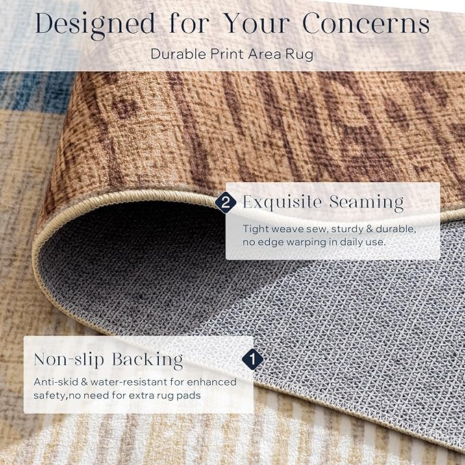 Phantoscope Washable Area Rug 6'x9' Non-Slip, Modern Neutral Boho Rugs for Living Room, Bedroom, Dining Room, Abstract Geometric Blocks Pattern, Low-Pile Foldable Floor Carpet, Warm Terracotta/Cream
