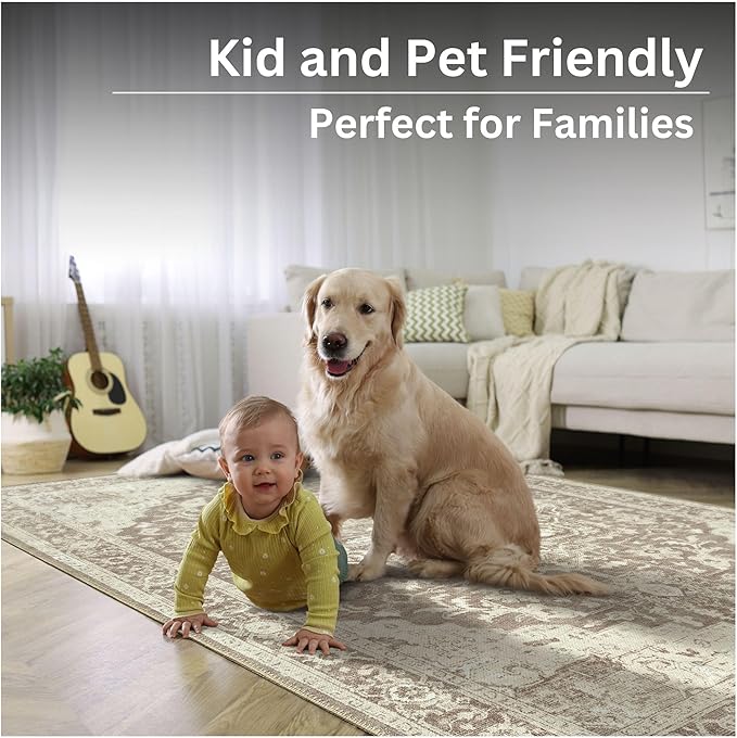 Bloom Rugs Washable Non-Slip 6' x 9' Rug - Light Brown Traditional Medallion Area Rug for Living Room, Bedroom, Dining Room, and Kitchen - Exact Size: 6' x 9'