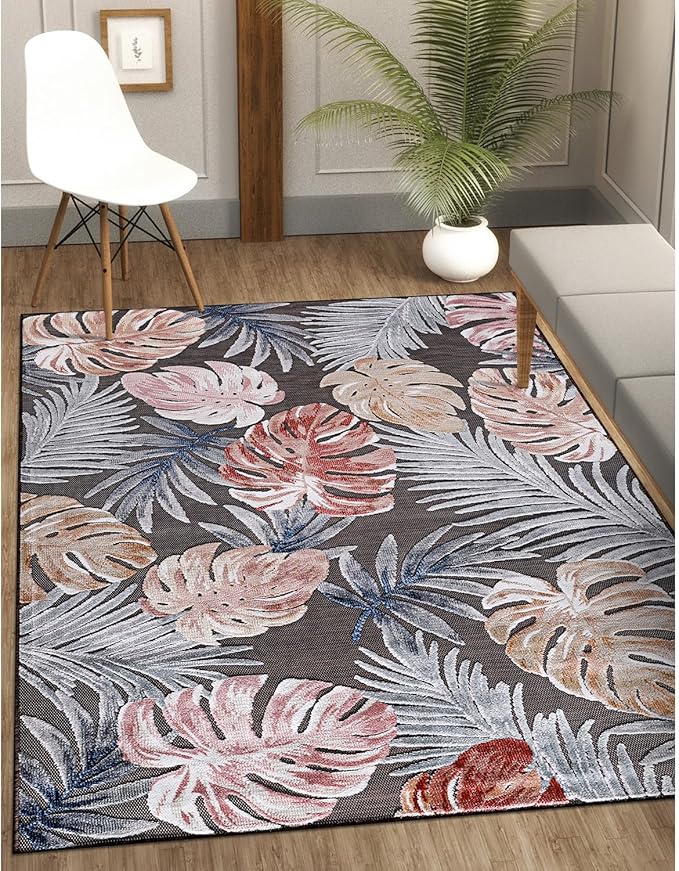CAMILSON Indoor Outdoor Rug, Brown 10’x14’ Leaf Tropical Botanical Area Rugs for Indoor and Outdoor patios, Easy-Cleaning Non-Shedding Living Room, Garden and Kitchen Washable Outside Carpet (10x14)