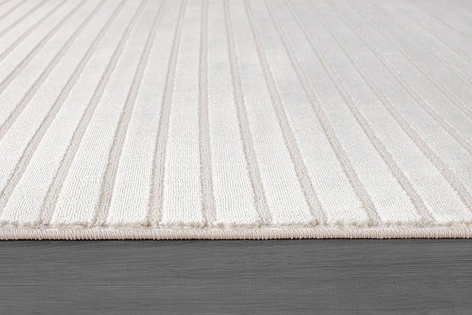 Beverly Rug Modern Geometric Area Rug 8x10 Low-High Pile Durable Soft Abstract Striped Indoor Rugs for Living Dining Room Office Stain Resistant Non Shedding Casual Indoor Carpet Beige White 8 x 10