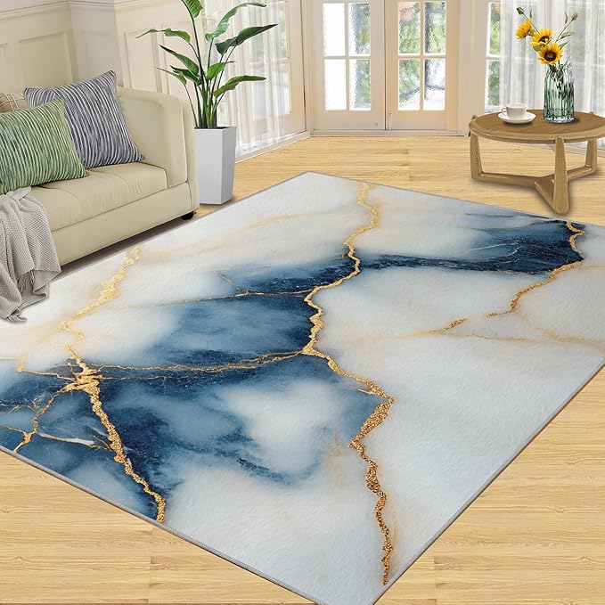 2x3 Abstract Marble Rugs for Entryway - Blue-White-Marble Small Area Rugs, Luxury Stone Pattern Laundry Room Carpet Non Slip Accent Throw Rug for Bathroom Kitchen Sink Front Door