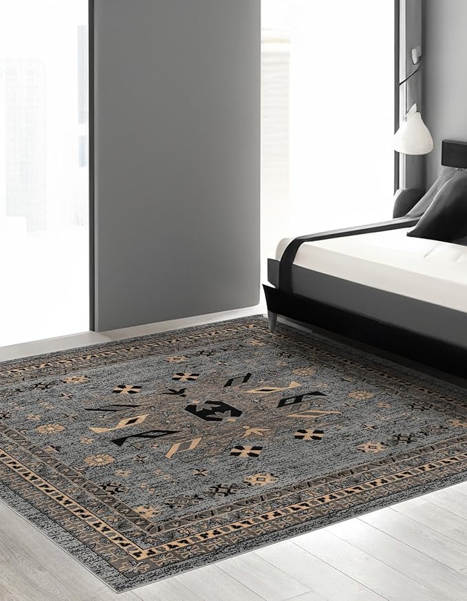 Unique Loom Taftan Collection Border Geometric Tribal Inspired Design Area Rug (8' 0 x 8' 0 Square, Gray/ Black)