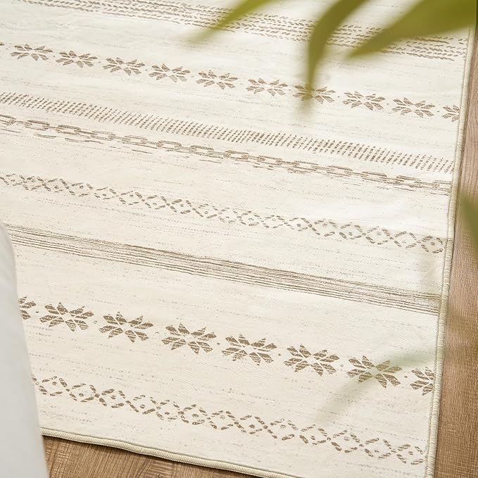 jinchan Moroccan Boho 6x9 Area Rugs for Living Room - Machine Washable Soft Throw Rug Bohemian Ripple Design Non-Slip Neutral Carpet for Bedroom Dining Room Home Office (6‘x9', Beige)