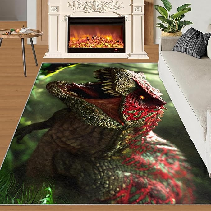 Dinosaurs Rugs for Bedroom - 5x8 Area Rug - 3D Dinosaurs Rugs for Living Room, Forest Animals Rug, Non-Slip Washable Home Decor Carpet