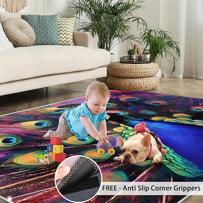 Peacock Rugs for Bedroom - 3x4 Area Rug - Watercolor Peacock Rugs for Living Room, Abstract 3D Animal Rug, Non-Slip Washable Home Decor Carpet