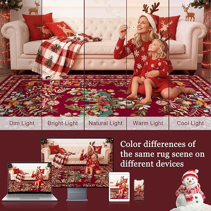 9x12 Area Rugs Living Room Rug: Christmas Washable Rug Floral Soft Carpet Indoor Floor Non-Slip Boho Stain Resistant Large Carpets for Bedroom Kids Nursery Dining Room Farmhouse Home Office Red