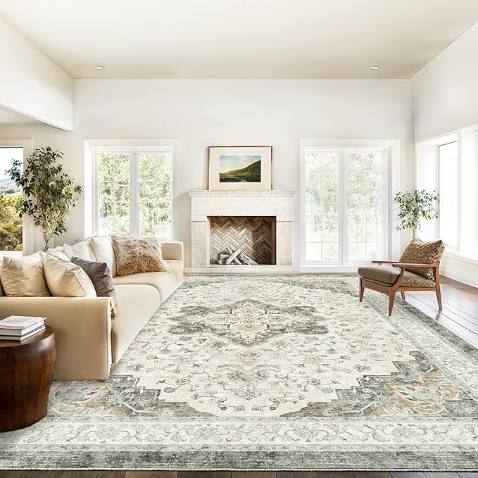 Marsail 9x12 Machine Washable Area Rug, Soft & Slip-Resistant Large Area Rug with Reinforced Bound Edges, Vintage Short-Pile Washable Rug with Floral Pattern for Living Room, Dinning Room and Bedroom