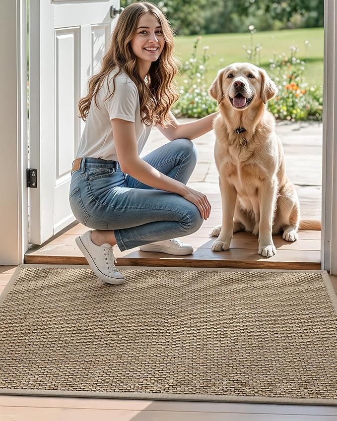 DEXI Ultra Thin Entryway Door Mat 17x30, Non Slip Rubber Backing Inside Entry Mat, Low Profile Easy Clean Dirt Trapper Doormat for Inside Entrance Patio, Beige