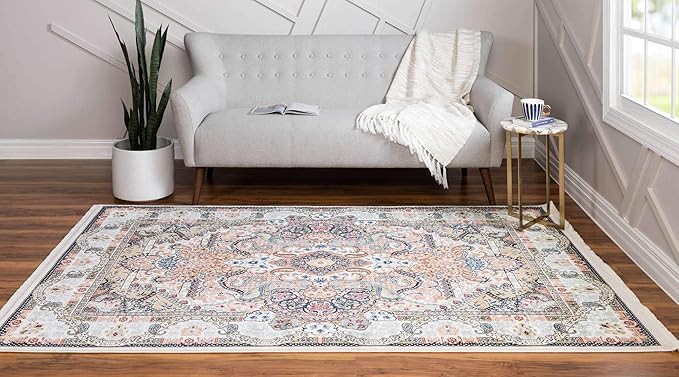 Unique Loom Narenj Collection Classic Traditional Medallion Textured Design Area Rug, 5 x 8 ft, Ivory/Tan
