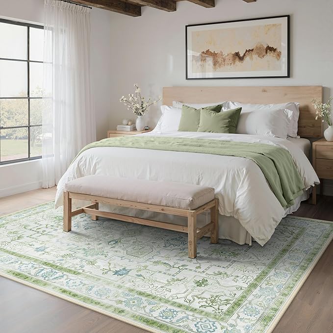 5x7 Area Rugs for Living Room, Machine Washable Rug, Non Slip Vintage Rugs, Low Pile Lightweight Print Rug for Bedroom, Dining Room, Home Office, Cream Green
