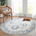 jinchan Kelda Round Rug 4ft Washable Area Rug Indoor Vintage Floor Cover Distressed Circle Mat 4' Round Lightweight Non Slip Low Pile Thin Carpet for Entryway Kitchen Living Room Bedroom Blue