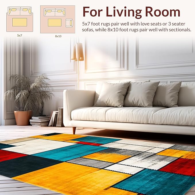 Flatwoven High Traffic Area Rug 6x9, Eclectic Mosaic Patchwork with Distressed Abstract Shapes and Lines, Non Slip, Stain Resistant, Washable Area Rugs for Living Room, Bedroom (Red, 6x9)
