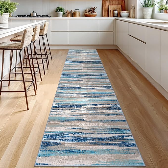 Modern Abstract Runner Rug 2.6x12, Blue Washable Long Kitchen Runner Non-Slip Soft Hallway Rug Runner Thin Print Faux Wool Carpet for Entryway Bedroom Laundry Room Indoor Home Decor