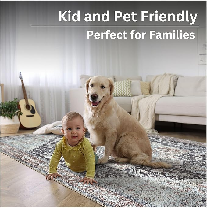 Bloom Rugs Washable Non-Slip 9' x 12' Rug - Charcoal/Brown Traditional Medallion Area Rug for Living Room, Bedroom, Dining Room, and Kitchen - Exact Size: 9' x 12'