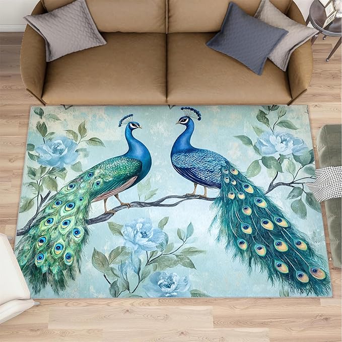 Peacock Rugs for Living Room - 4x6 Rug, Classic Peacock Floral Area Rugs for Bedroom, Teal Turquoise Rug, Modern Style Washable Carpet, Aesthetics Carpet - Peafowl Home Decor & Gifts