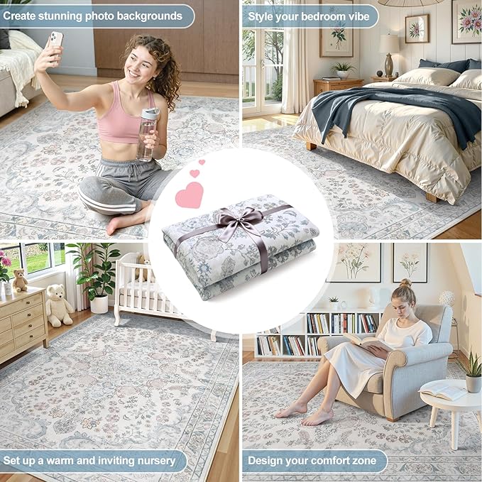 Wonnitar 5x7 Washable Area Rugs, Blue Vintage Floral Rug for Bedroom Decor, Soft Cozy Low Pile Non-Slip Boho Floor Carpet for Living Room Kids Room Office Indoor Décor