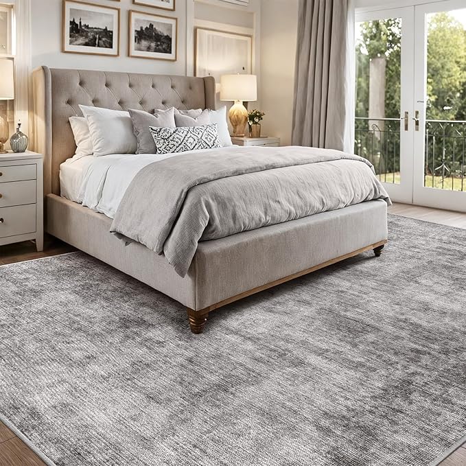 LUMI 5x8 Washable Area Rug for Living Room, Ultra Soft Modern Neutral Grey Rugs Non Slip with Rubber Backing, Low Profile, High Traffic, Stain Resistant Carpets, Ideal for Bedroom, Dining Room