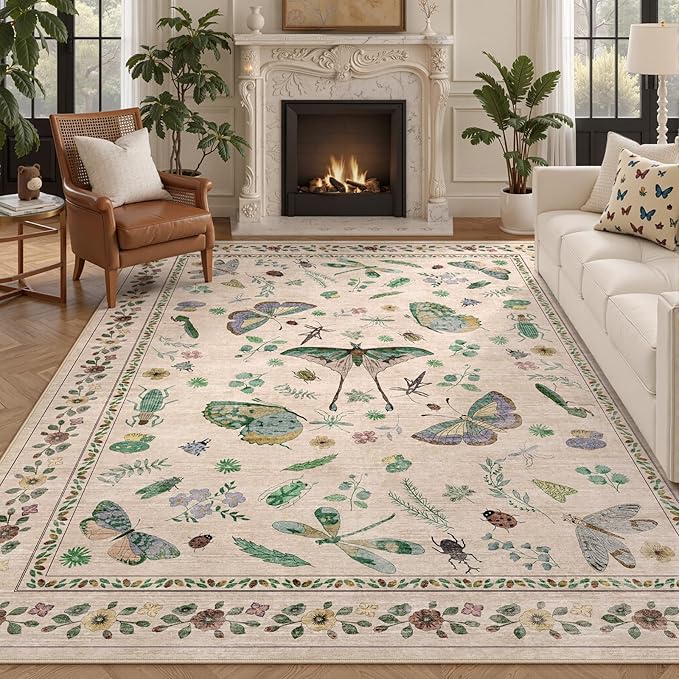 7x9 Low Pile Machine Washable Bug Rug - Indoor Non-Slip Insect Print Rug for Entryway, Living Room, Bedroom, Kitchen, Front Door, Laundry (7'x9' Beige Green)