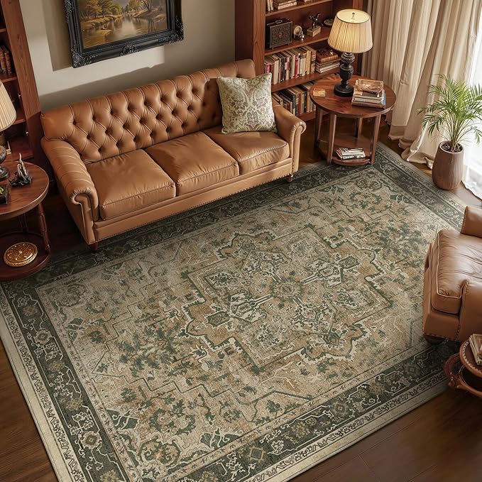 7x10 Living Room Rug, Vintafe Distressed Medallion Area Rug for Bedroom Dining Room, Washable Non Slip Thin Carpet Rugs for Bedroom Under Bed Home Office, Multi Brown/Olive