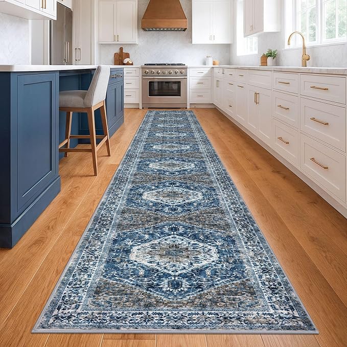KOZYFLY Runners for Hallways 3x20 Ft Extra Long Washable Kitchen Thin Runner Rug Boho Runner Rug for Entryway Indoor Blue Printed Oriental Faux Wool Stair Floor Carpet Runner for Stair Kitchen Hall
