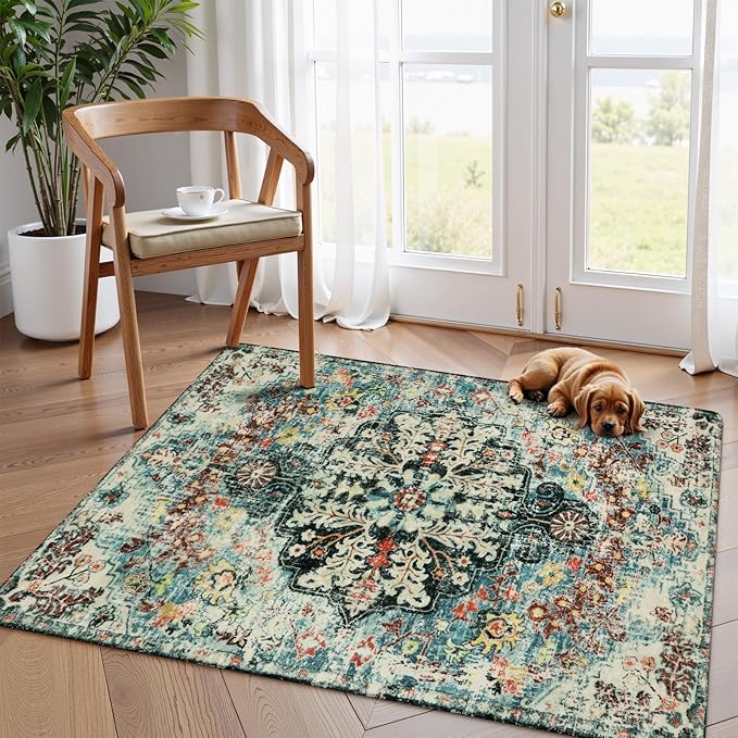 Lahome Bohemian Floral Medallion Area Rug - 4x6 Teal Soft Bedroom Rug Washable Entryway Mat, Non Slip Pet Friendly Indoor Floor Accent Carpet for Bathroom Mudroom Basement Studio