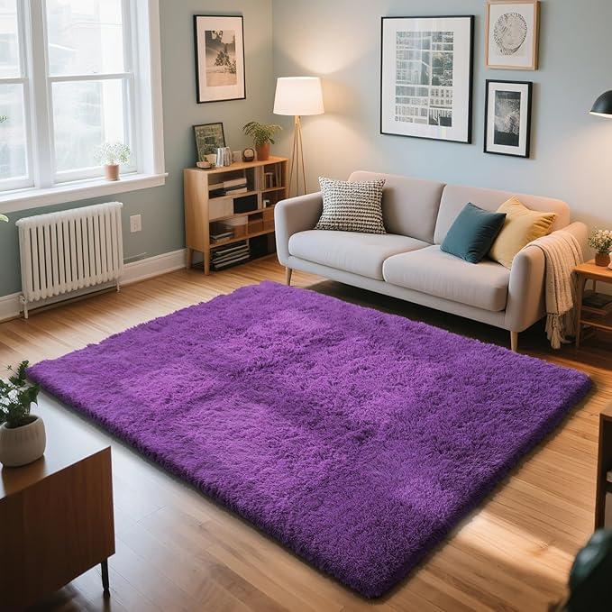 Purple Fluffy Rug Shaggy Area Rug, 5x8 Area Rugs for Girls Bedroom, Soft Cute Baby Play Mat, Indoor Floor Carpet for Teen, Nursery, Preppy Dorm, Plush Aesthetic Bedside Rug