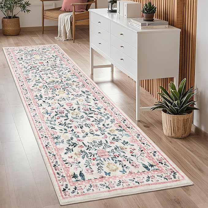 GarveeHome Washable Runner Rug 2.5 x 8 Non-Slip Non-Shedding Soft Vintage Bedside Low Pile Farmhouse Floral Carpet, Indoor Foldable Printed Entryway Rug for Hallway Kitchen, Pink