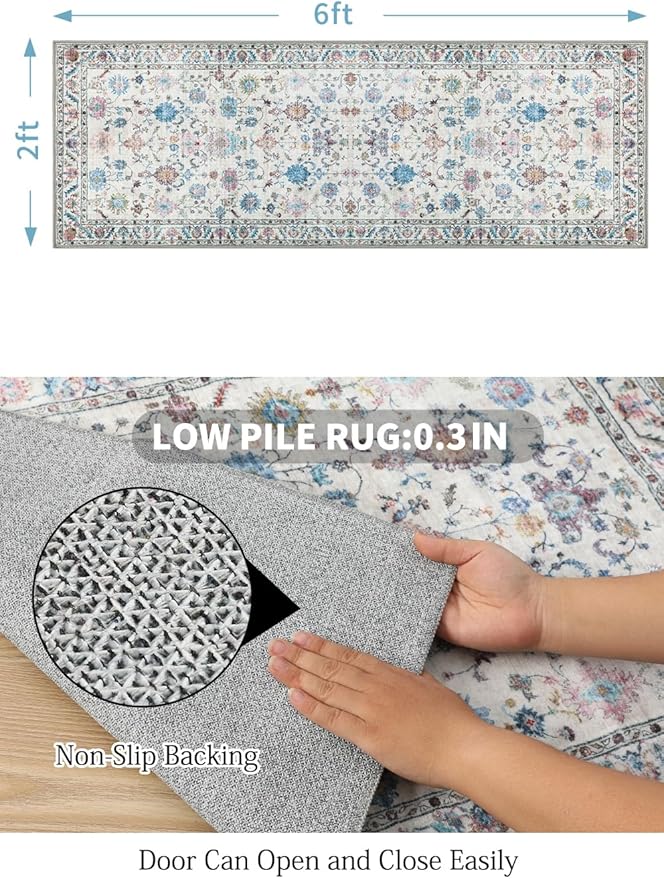 COMSLE Runner Rug, 2x6 Washable Area Rugs for Hallway Faux Wool Small Throw Rug Distressed Kitchen Non-Slip Laundry Room Carpet Boho Runner for Entryway Indoor Door Mat Bedroom Pink Floral