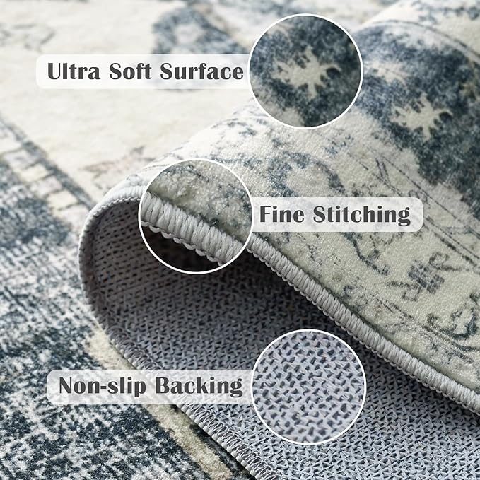 jinchan Kelda Runner Rug 3x8 Washable Rug Soft Hallway Runner Indoor Vintage Print Floor Cover Retro Distressed Lightweight Non-Slip Thin Carpet for Bathroom Kitchen Living Room Bedroom Grey