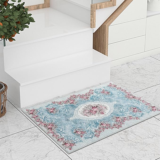 Easy-Going Floral Area Rug 2x3 Washable Entryway Rugs Front Door Mat Indoor Entrance Non-Slip Retro Flowers Small Entry Rug for Living Room Bedroom Kitchen Bathroom Office Lightweight Carpet, Teal Red