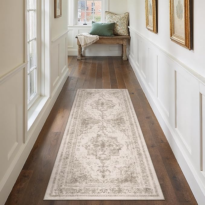 Runner Rug 2x6 Beige Hallway Washable Carpet Non Slip Vintage Medallion Carpet Low Pile Soft Distressed Retro Indoor Long Rug for Entryway Kitchen Bathroom Laundry Bedroom