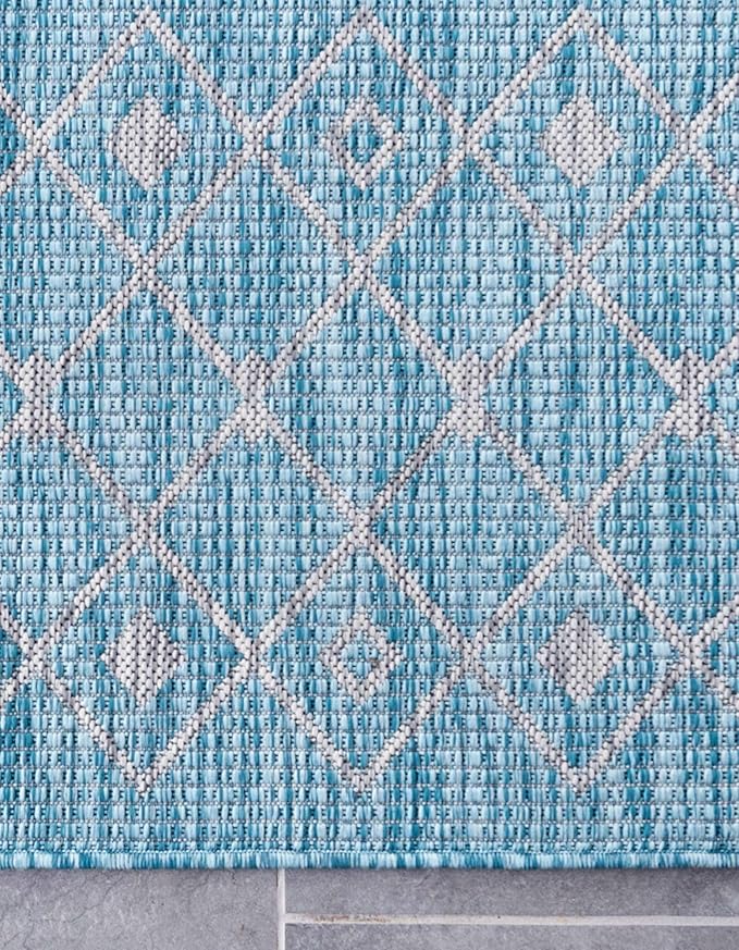 Unique Loom Outdoor Trellis Collection Area Rug - Tribal Trellis (10' 8" Square, Aqua/ Ivory)