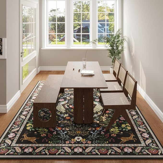 Living Room Rug 6x9 Rug Machine Washable Area Rug Floral Non-Slip Low Pile Large Rug for Living Room, Bedroom, Farmhouse, Dining Room, Kids Playroom (Vibrant Black)