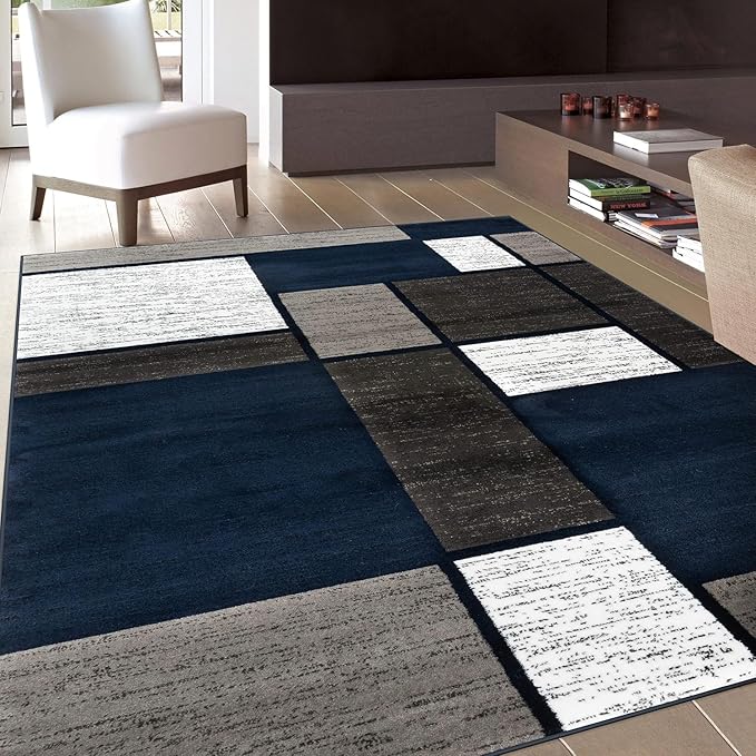 Rugshop Modern Geometric Boxes Navy Area Rug, Fade-Resistant Carpet for Bedroom, Living Room, or Study, 6'6" x 9'