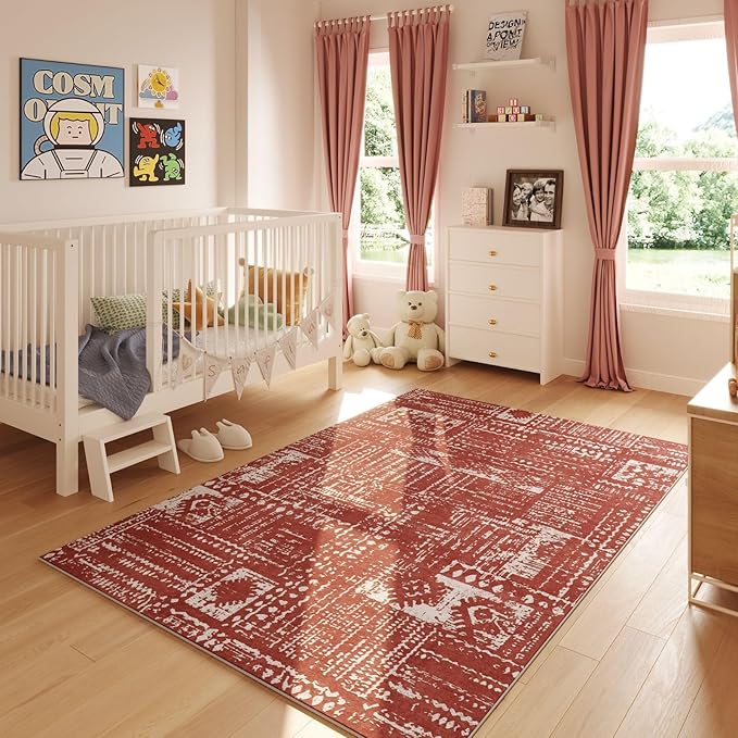 Rugcomf Living Room Rug 5x7 Rug Machine Washable Boho Area Rug Non Slip Moroccan Vintage Low Pile Large Rugs for Living Room, Bedroom, Farmhouse, Dining Room, Kids Playroom(Terracotta)