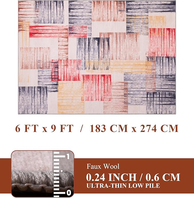 YIHOUSE Cream Retro Rugs 6x9,Blue and Red Vintage Washable Carpets for Living Room,Farmhouse Abstract Area Rug,Unique Checkered Block Rug for Bedroom,Dining Room,Office