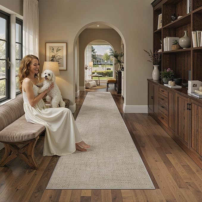 Valenrug Runner Rug Non Slip - 2x10 Runner Rugs for Hallways High-Low Pile Textured Rugs Runners, Folable Washable Runner Rug for Kitchen Bedroom Entryway Laundry Living Room, Beige