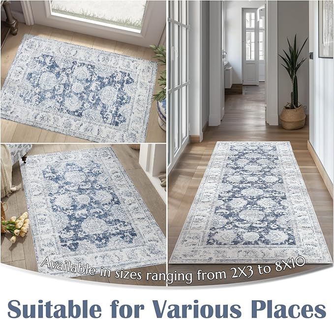 jinchan Fiora Floral 2x3 Rug for Entryway - Vintage Washable Area Rug Ultra-Thin Low Pile Soft Small Non Slip Distressed Indoor Door mat Accent for Entrance Kitchen Bathroom Bedroom (2x3ft, Dark Blue)