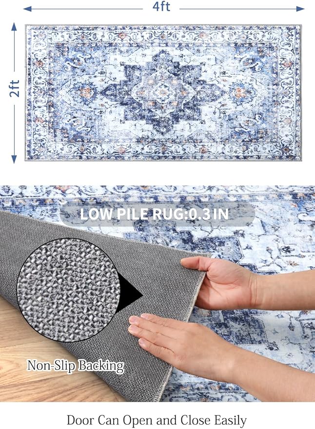 COMSLE Washable Door Mat, Front Door Mat Indoor Faux Wool Absorbent Small Rugs for Entryway Distressed Throw Rug Non-Slip Accent Floor Carpet for Entrance Bedroom, 24X48 Inches Blue