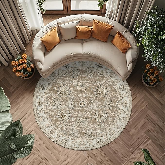 jinchan Fiora Round Rug 6ft Area Rug - Taupe Vintage Floor Mat Indoor Ultra-Thin Soft Floral Print - Washable Circle 6' Retro Accent for Farmhouse Non Slip Dining Room Living Room Bedroom Office