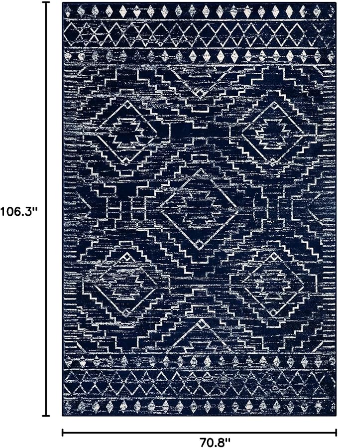 Wonnitar Moroccan Washable 6x9 Rug, Blue Large Living Room Area Rug, Non-Slip Boho Soft Rug for Bedroom, Non-Shedding Ultra-Thin Geometric Carpet for Dining Room Kitchen Basement (Blue,6'x9')