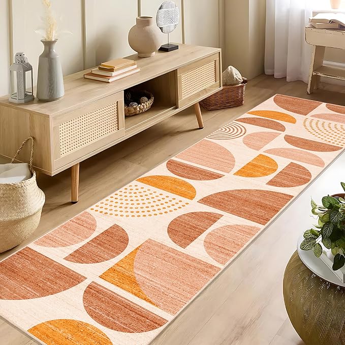 MUJOO Boho Runner Rug Washable,2x8 Area Rugs for Hallways Kitchen Bedroom Entryway Bathroom,Non Slip Carpet Long Mat Indoor,Soft Modern Abstract Bohemian Orange