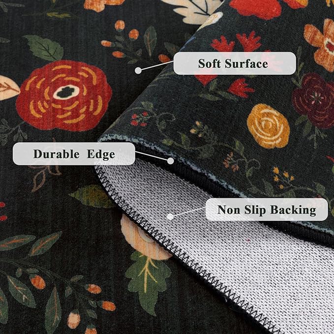 U'Artlines 8x10ft Vintage Floral Area Rug Machine Washable Ultra Soft Low Pile Non Slip Non Shedding Accent Floor Carpet for Living Room, Bedroom, Dining Room, Office (Black Green)